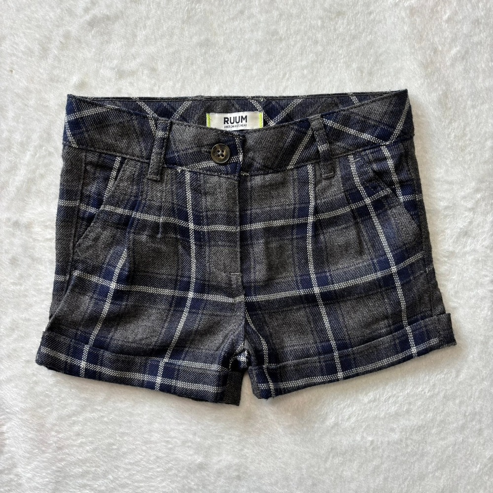 RUUM American Kids Wear Gray Navy Blue Plaid Cuffed Shorts